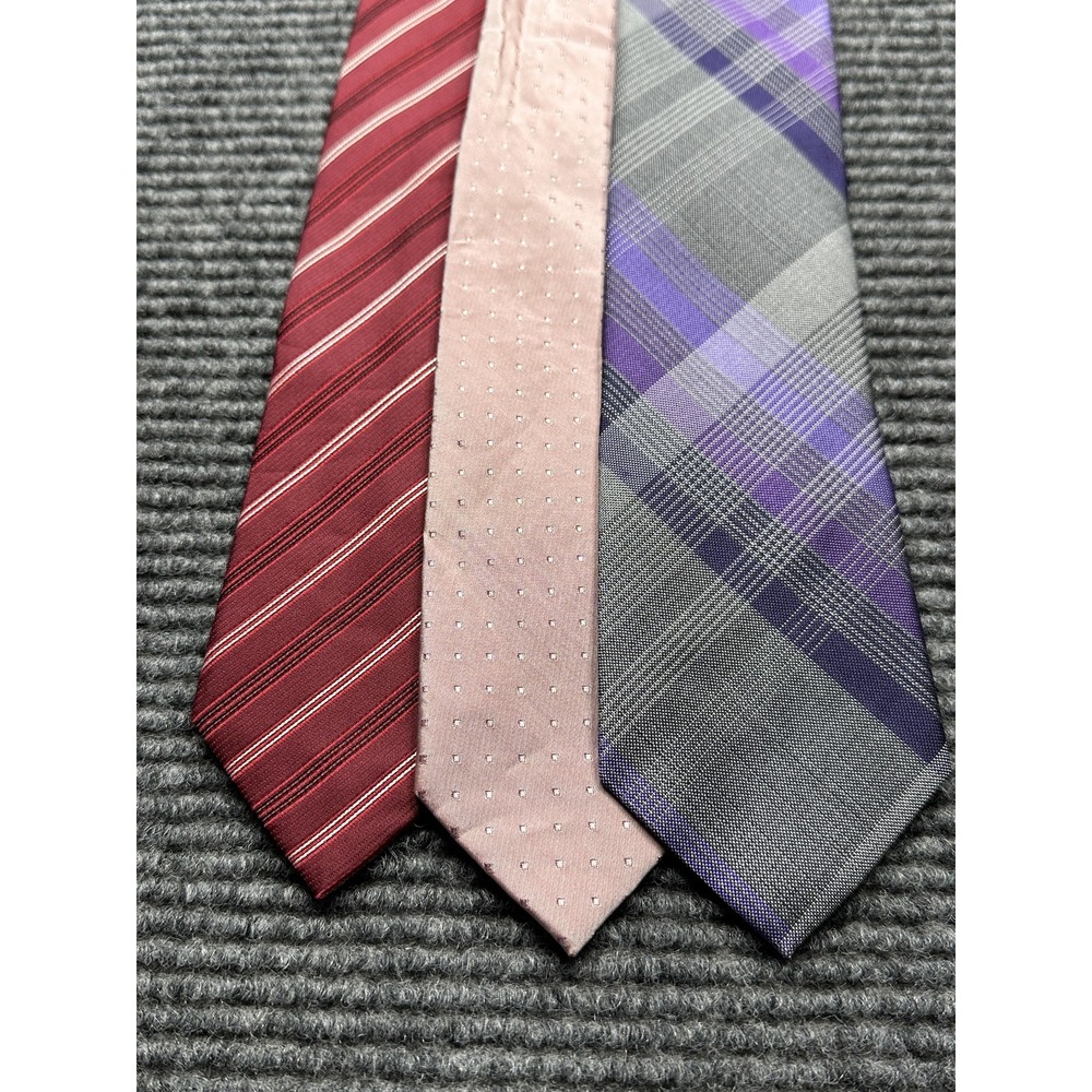 Kenneth Cole Reaction Ties Mens‎ Silk Lot of 3 Red Stripe Pink Dot Purple Plaid